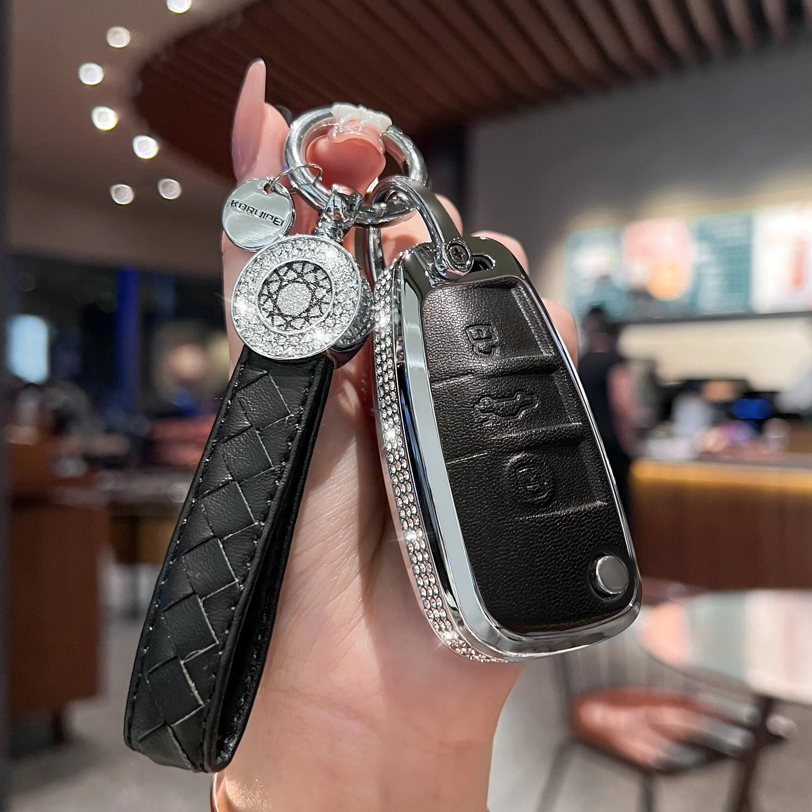 Compatible with Audi Key Fob Cover, Pink Genuine Leather Crystal Key Case Protection Shell for A1 A3 Q3 Q7 R8 A6L TT Smart Key