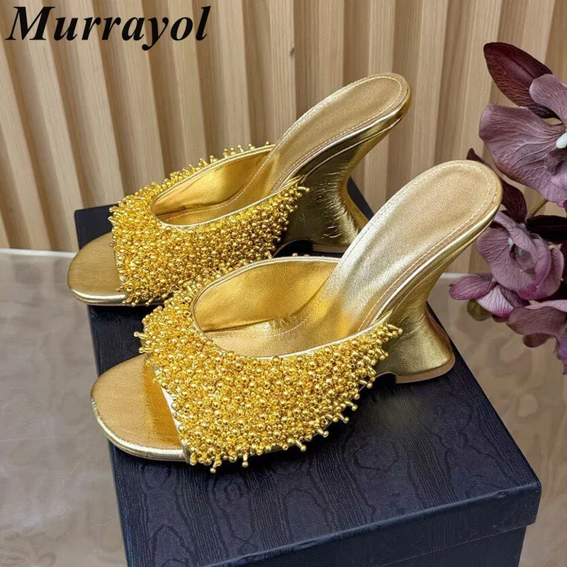 Slippers Women's Open Toe Genuine Leather Strange Style High Heel Sandalias Summer String Bead Decor Sexy Party Banquet Shoes