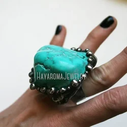 10pcs Massive Turquoise Howlite Nugget Statement Ring Adjustable Witch Wicca Boho Desert Gothic Retro Stainless Steel Jewelry