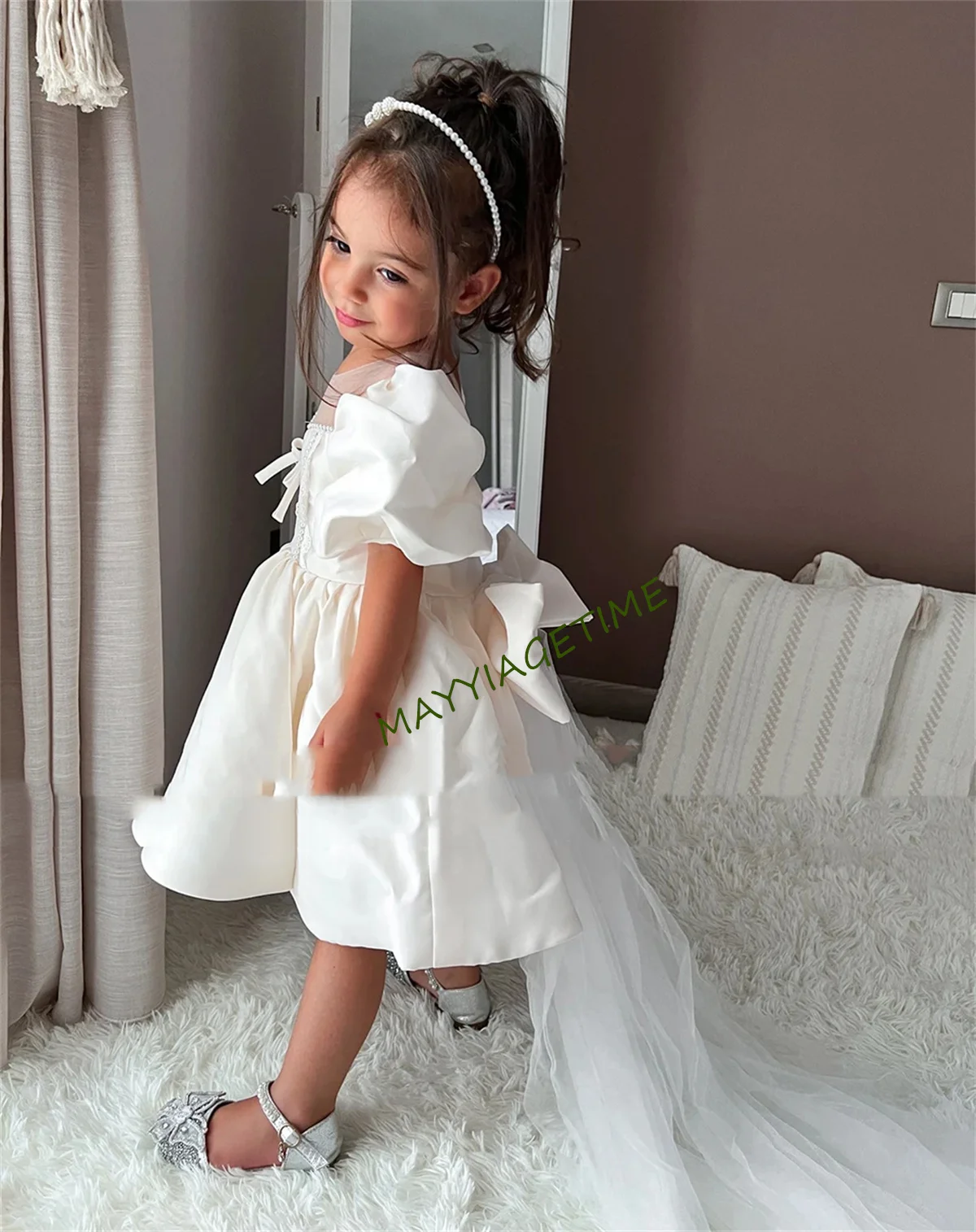 Baby Girl's Dress Elegant Puffy Sleeves Flower Girl Dresses 2024 Princess Sparkly Pearls Beading Kids Party First Communion Gown