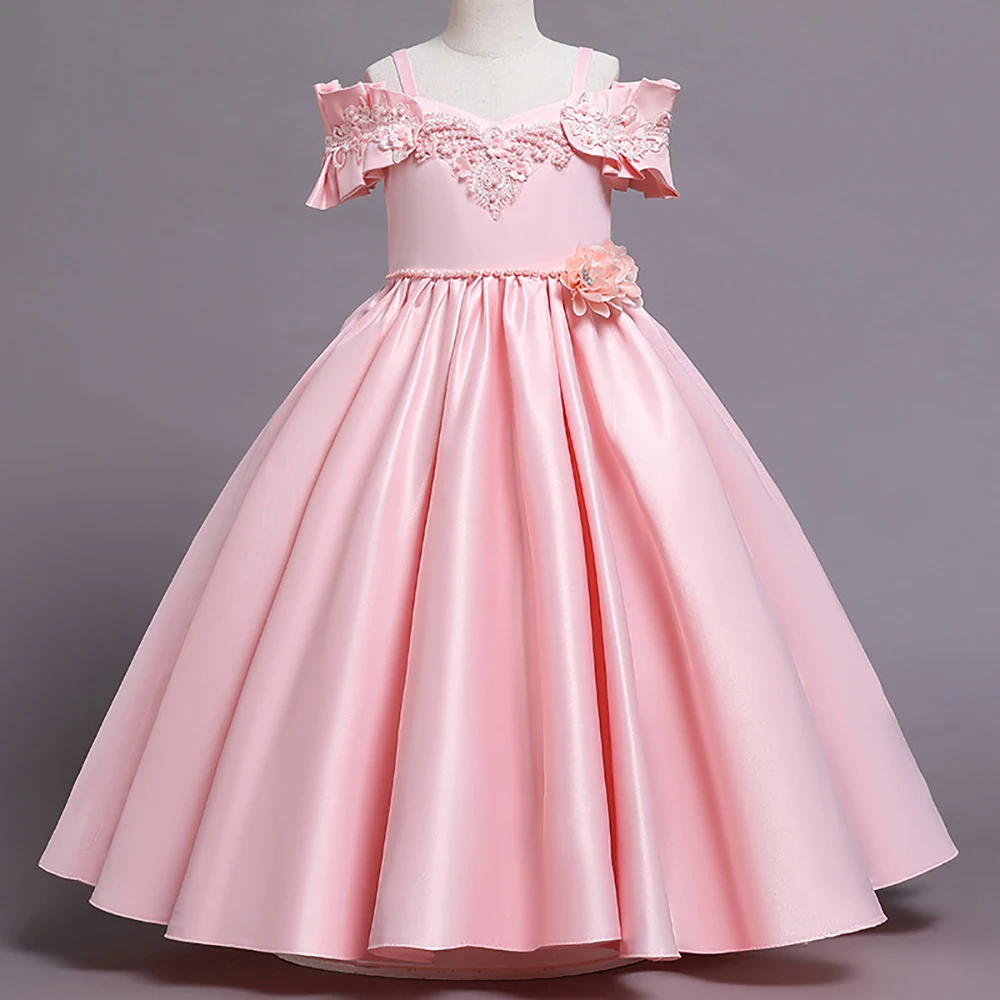HETISO Girls Satin Dress Fashion Embroidered Carnival Birthday Wedding Flower Children's Evening Ball Gown