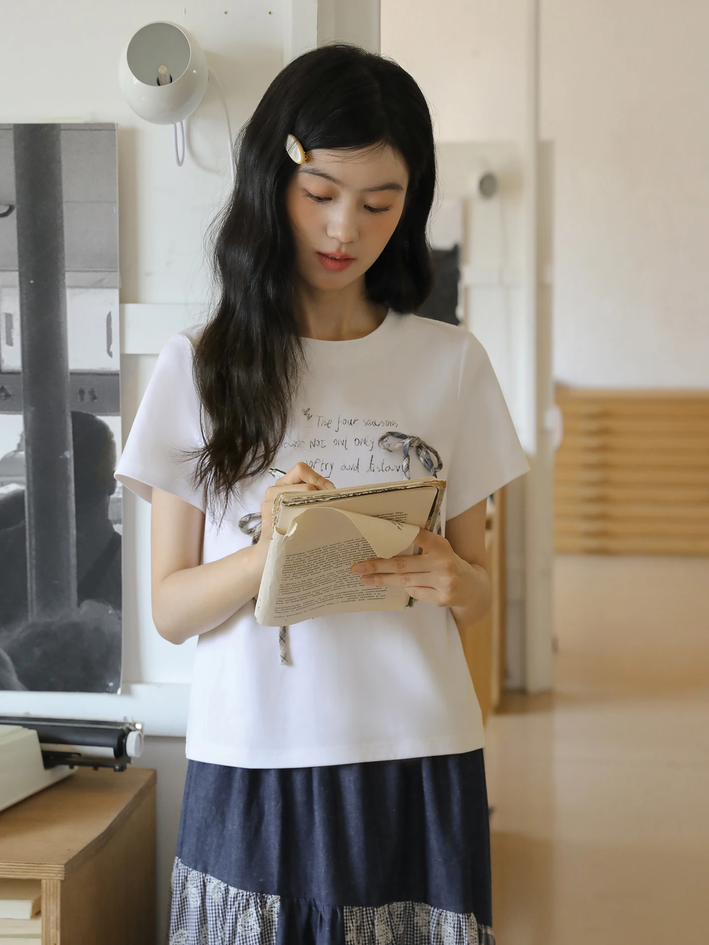 

Nesoulum White Printed 3D Knot ort Sve Women's T-irt Summer Vintage Loose round Ne Versatile Top