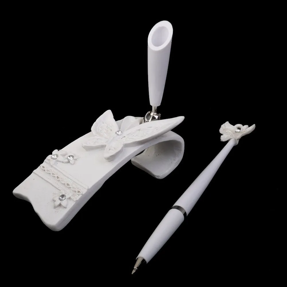 Guest Book Signing Pen White 16Cm Rhinestone Resin Design with 360 Degree Rotating Holder Wedding Bridal Engagement Ceremony