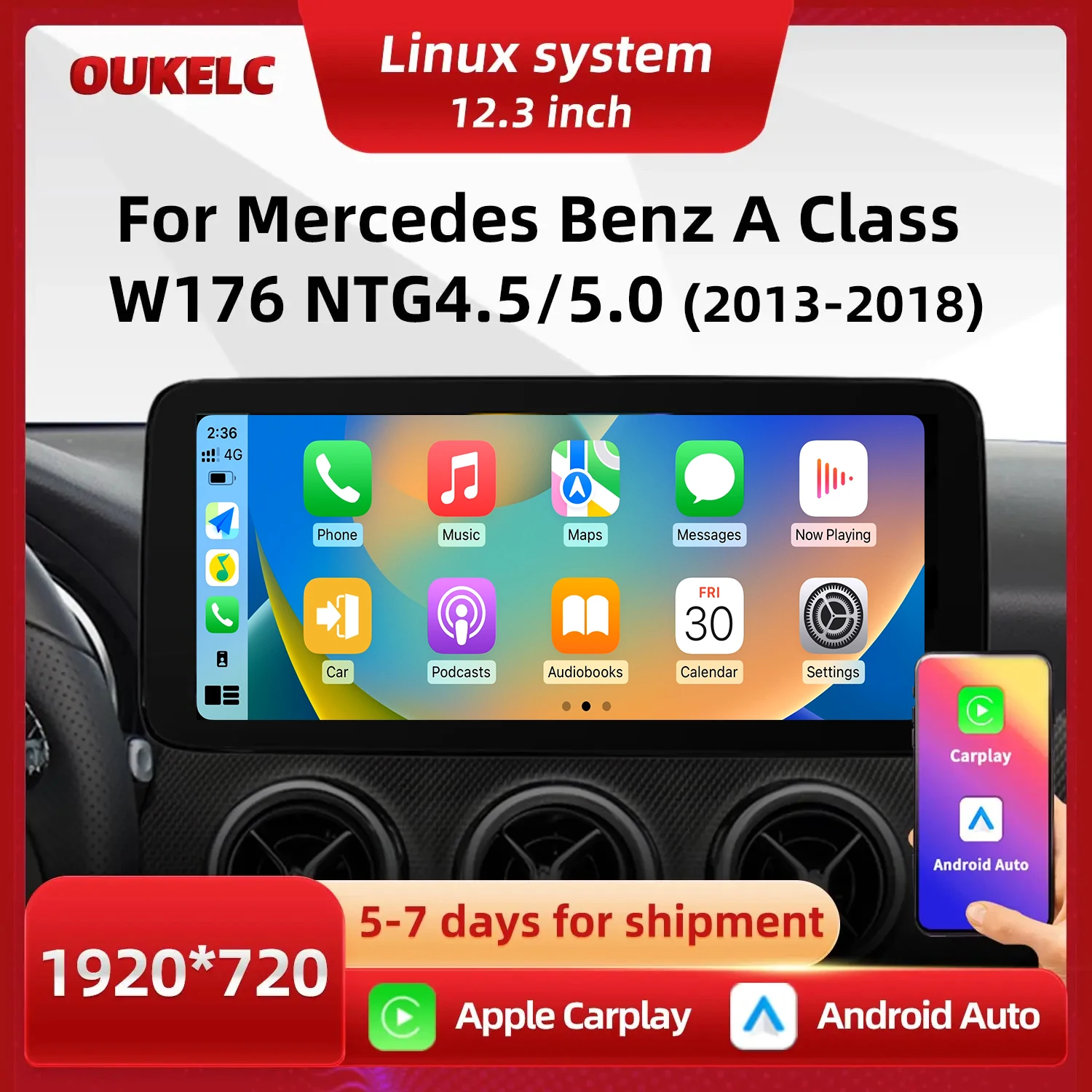 

12.3’’ For Mercedes Benz A Class W176 2013-2018 Player Linux Intelligent Car Multimedia System CarPlay Auto Monitor Touch Screen