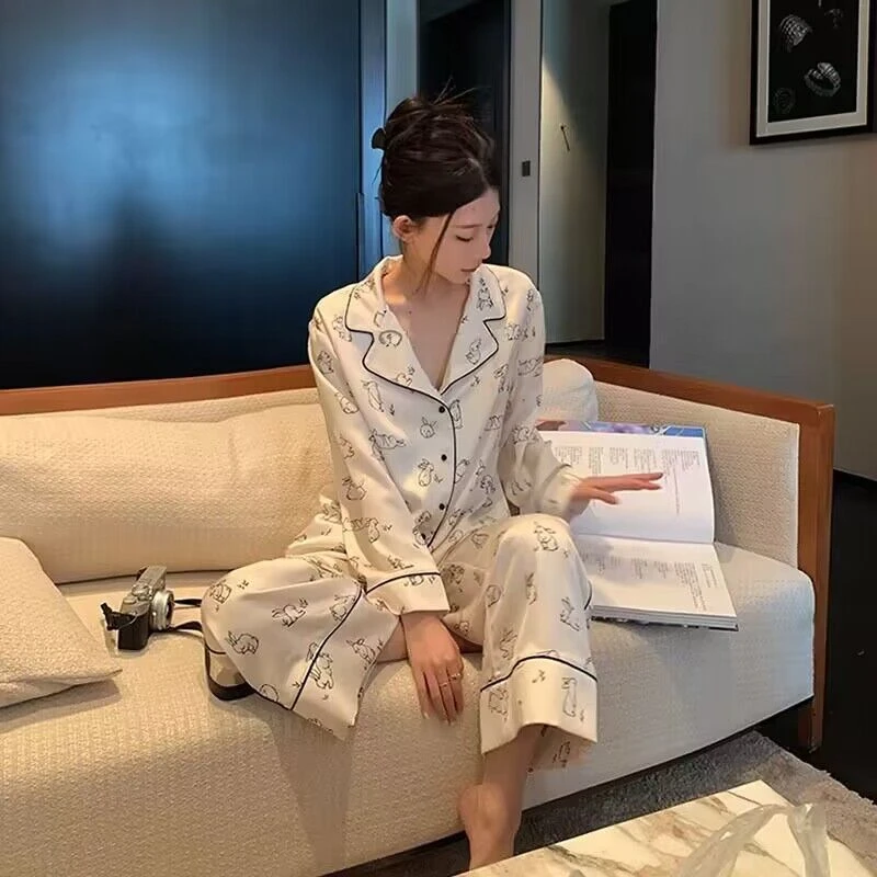 2023 Autumn New Ice Silk Luxury Women's Pajamas Lapel Cardigan Home Clothes for Women Cute Rabbit Printing Princess Home Wear