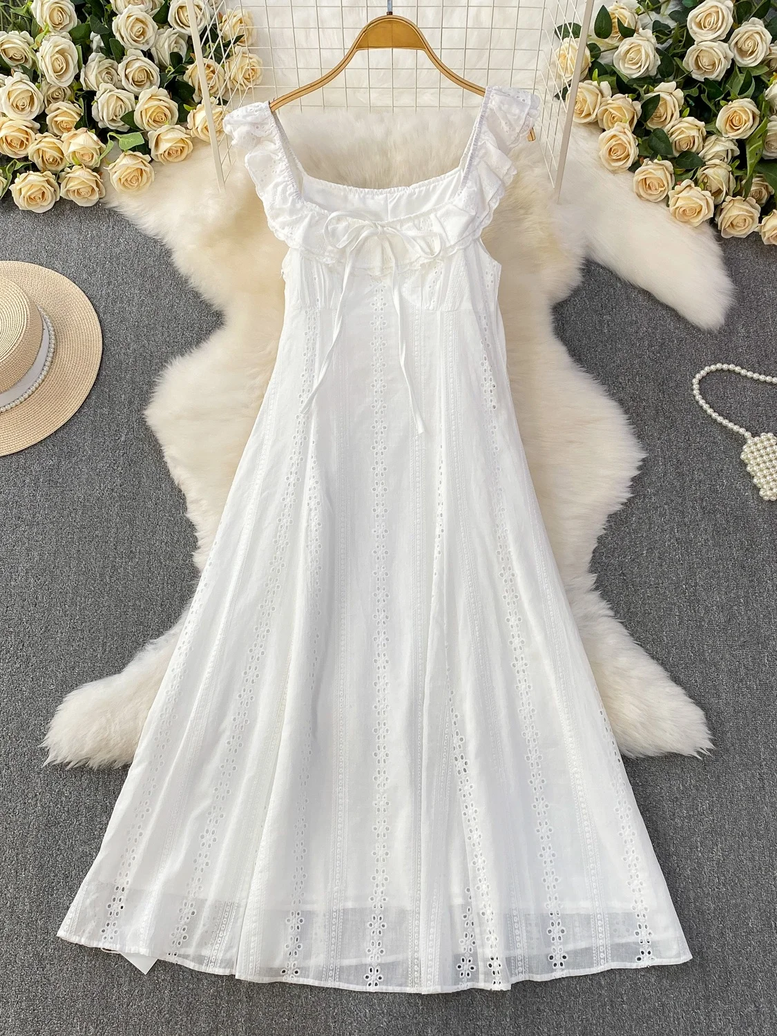 White Summer Fairy T Long Dr High Waist Hollow out Hook Embroidery Square Collar Women's Dr A-Line Silhouette Maxi D...