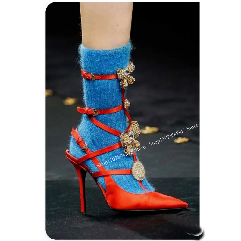 

Red Bow Knot Lace Up Buckle Pumps Pointed Toe Thin High Heel Fashion 2023 Summer Casual Big Size Woman Shoes Zapatillas Mujer