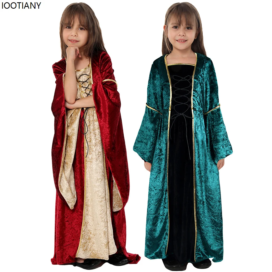 Kids Medieval Renaissance Vintage Dress Halloween Girls Aristocratic Miss Cosplay Costume Carnival Square Neck Bundle Waist Suit