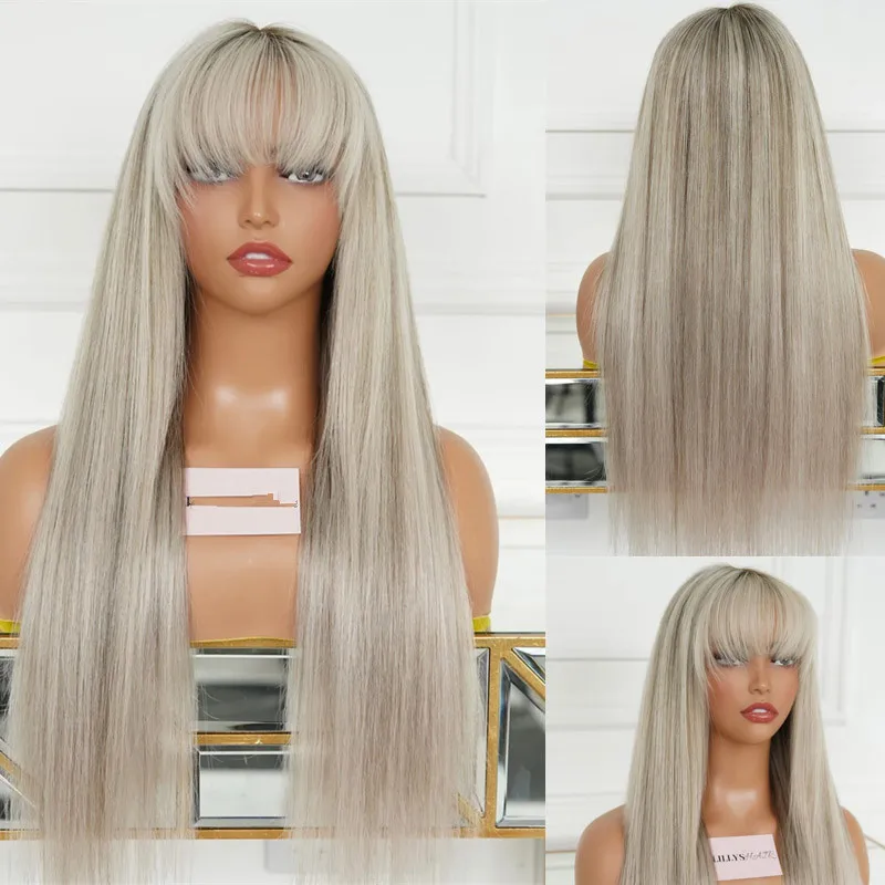 

Silky Straight Synthetic Wigs with Bangs Lace Top Wig Cheap Wigs on Clearance Cosplay Ash Blonde Highlights Lace Front Wig Lady