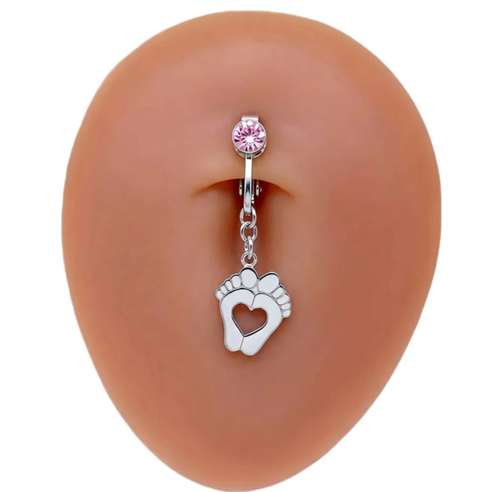Fashion Fake Belly Button Ring for Women, Heart And Double Feet Dangle, Non-Piercing Navel Clip, Summer Must-Have Jewelry