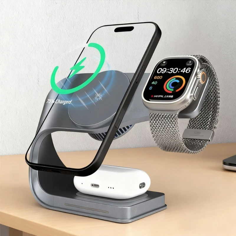 3-in-1-tec冷却ワイヤレス充電スタンド（magsafe対応-iphone-17～12-pro-max、apple-watch-9-8-7、airpods-pro用）磁気急速充電