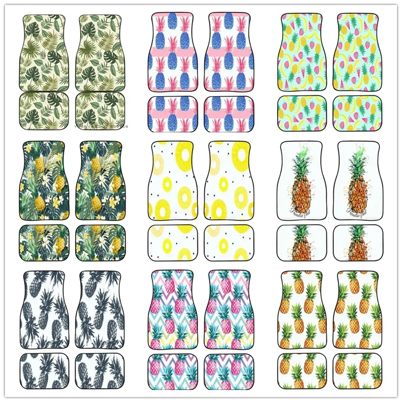 4Pcs Auto Car Floor Mat Hawaiian Tropical Leaf Flowers Hibiscus Plumeria Floral Plant Vehicle Front Rear Carpets Mat