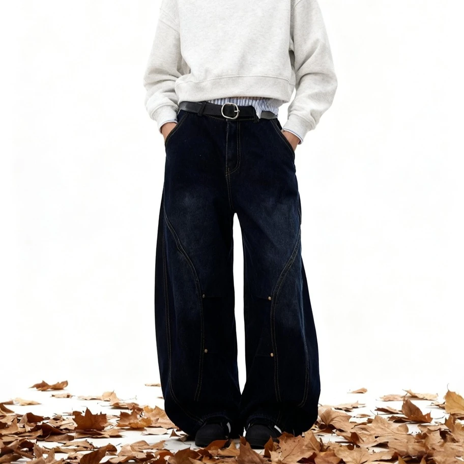 Мужские джинсы в американском стиле ретро, синие свободные широкие брюки-мачете, унисекс, мешковатые прямые брюки с серпом, джинсовые деконструированные брюки из воздушного шара