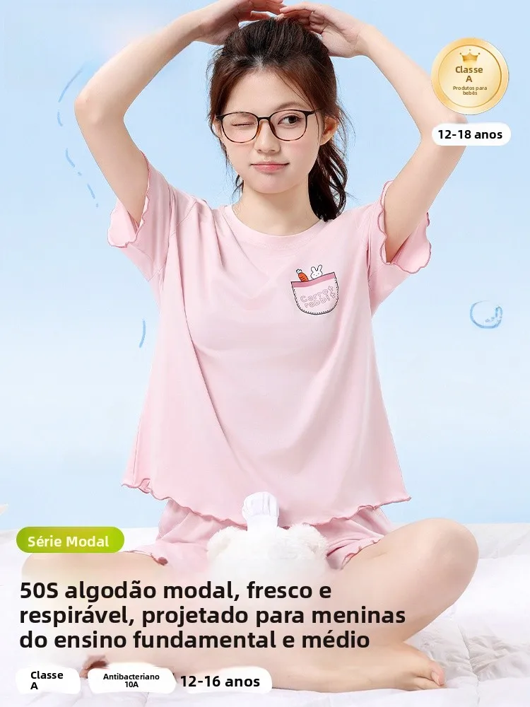 teenage-girls'-summer-sleepwear-set-short-sleeve-modal-cotton-home-clothes-soft-round-neck-loose-fit-suitable-for-outdoor