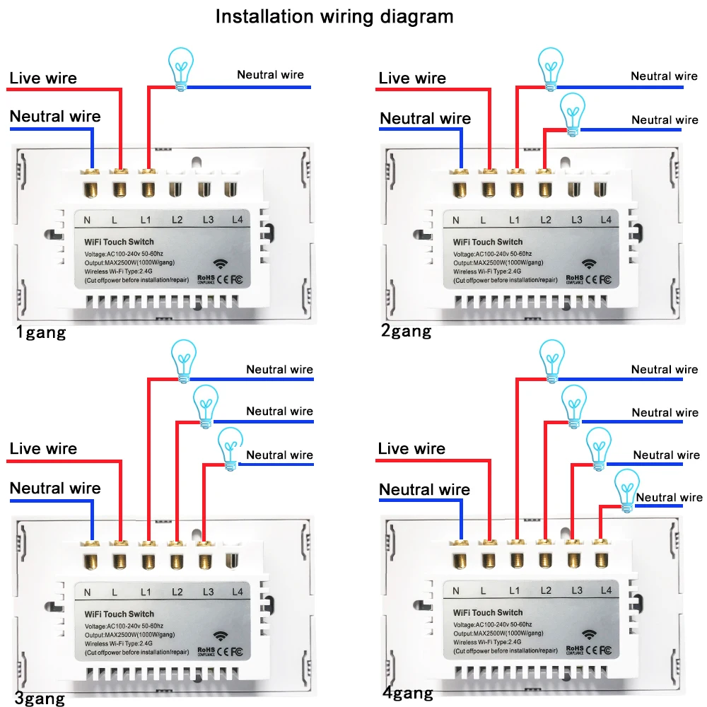 Brazil 4x4 tuya WiFi 4/6/8 Gang intelligent Wall Switch Voice Control Touch Sensor LED Light Switches Alexa Google Home 100-240V
