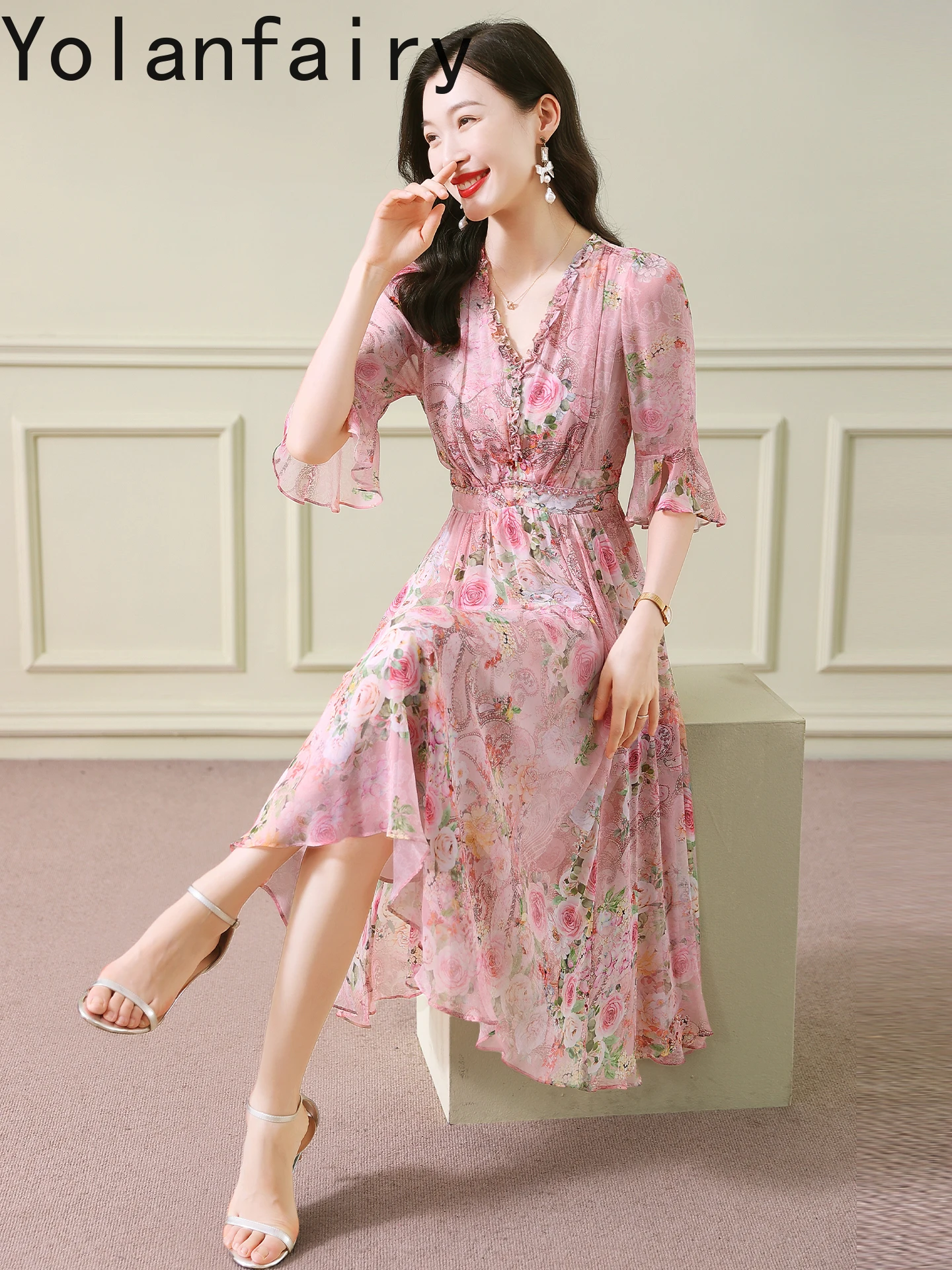 YOLANFAIRY 100% فساتين حرير التوت الأصلية فستان نسائي صيفي أنيق فاخر عالي الجودة فستان شاطئ ملابس نسائية رداء