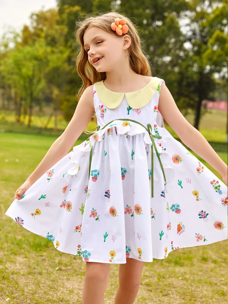 Girl Dress Printed Peter Pan collar Ruffled Empire Doll Princess Dress