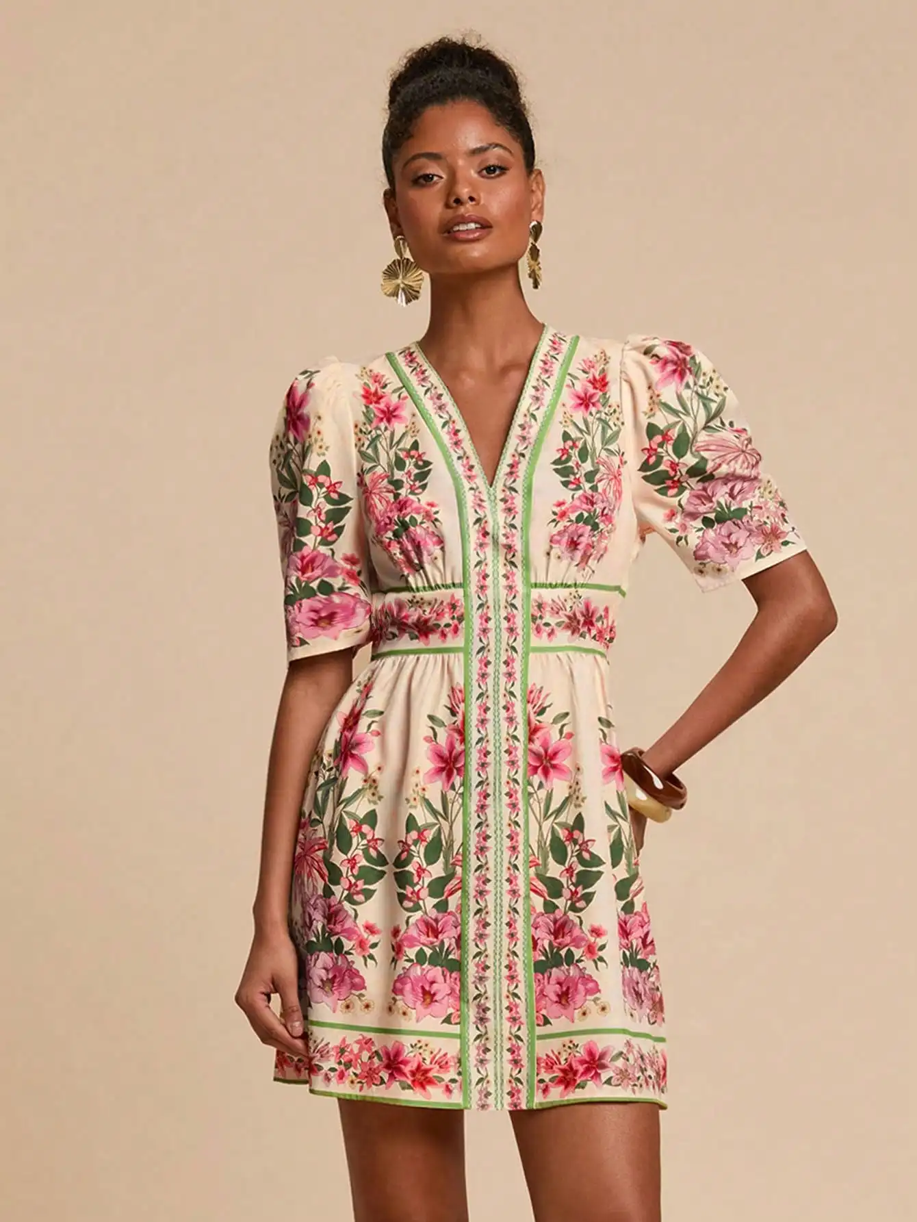 

Floral Print V-Neck Puff Sleeve Mini Dress with Green Trim
