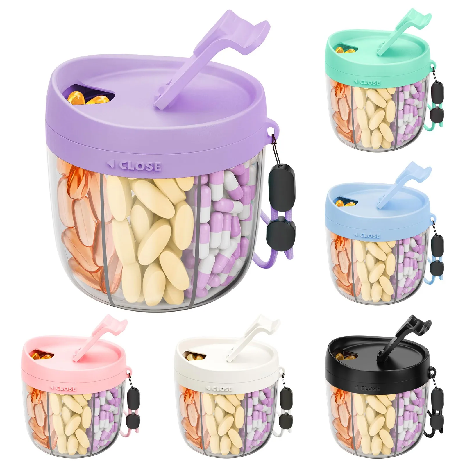 زجاجة توزيع حبوب الدواء ذات سعة كبيرة مع منظم فيتامين 7 مقصورات للسفر والمشي لمسافات طويلة وكوب حاوية حبوب منع الحمل المحمول الخالي من مادة Bpa