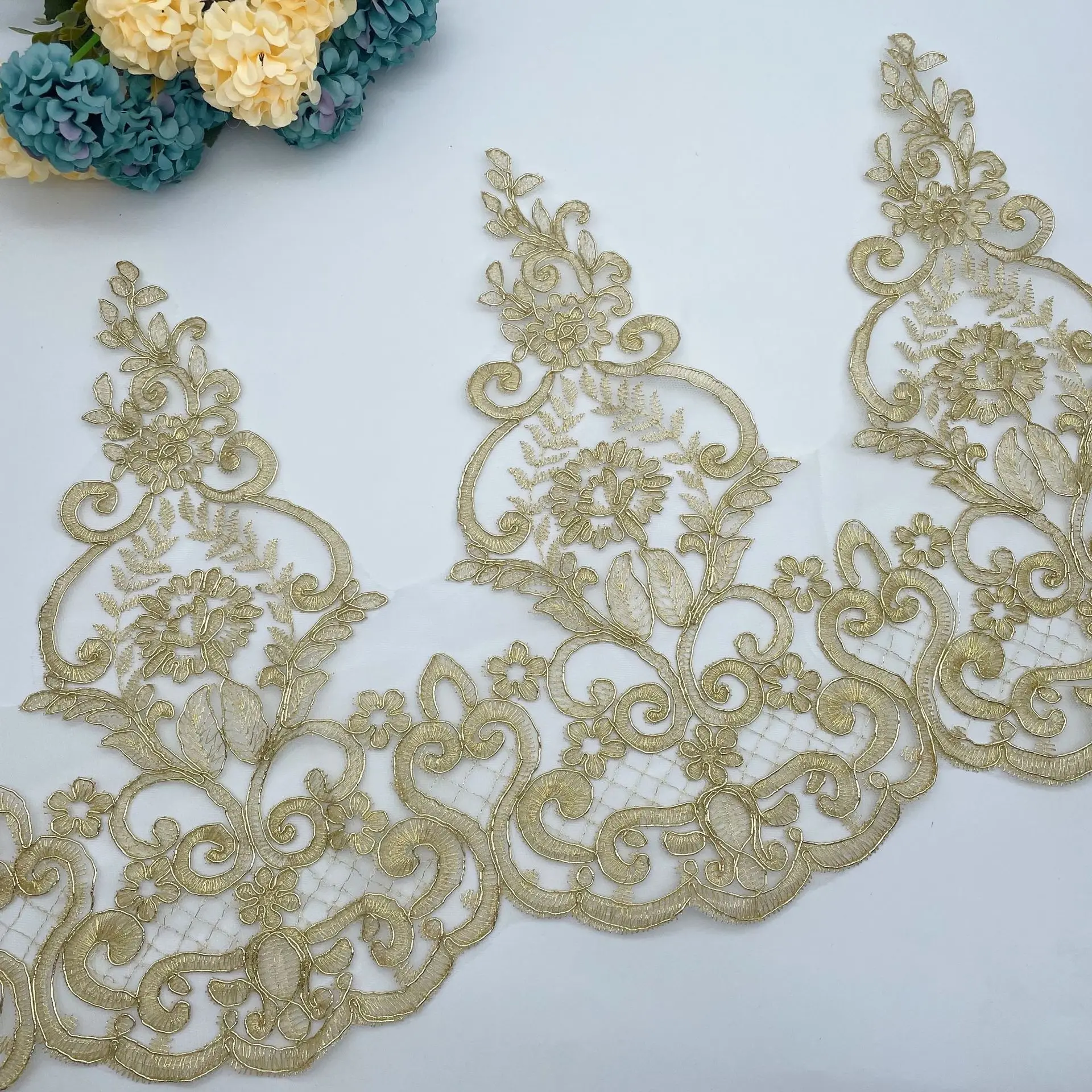 1Yard 31cm Wide Gold Edge Polyester Embroidery Lace Trim for Bridal Wedding Gown Costume Design Lace Ribbon