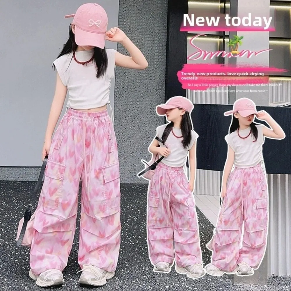 Casual Multi Pockets Baggy Cargo Pants Drawstring Joggers Y2k Wide Leg Pants Hip Hop High Waist Heart Printing Pants Girl Sports