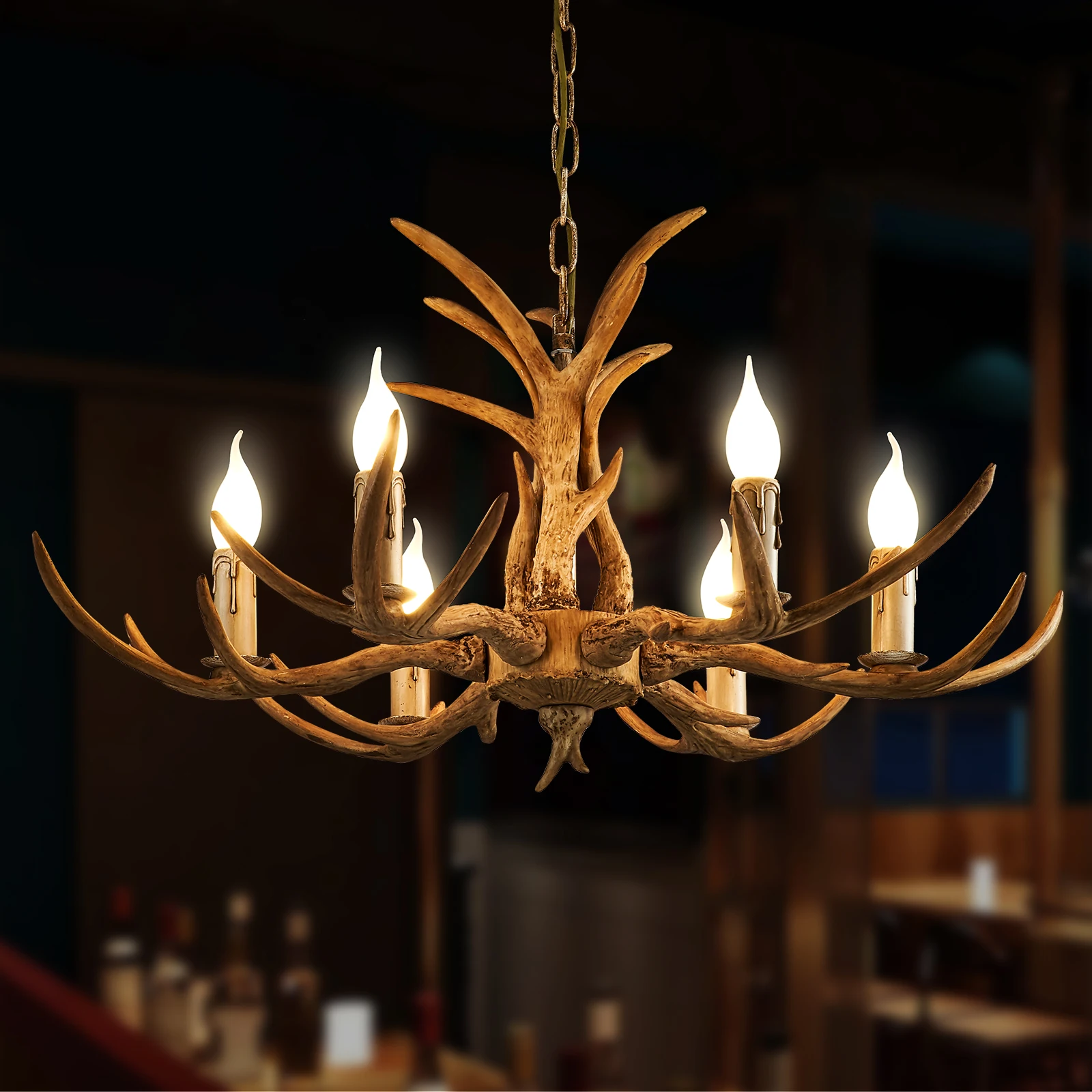 Antler Chandelier Hanging Light Resin 6-Light Candle Lamp Home Decor For Living Room Lobby Interior Lighting Fixture