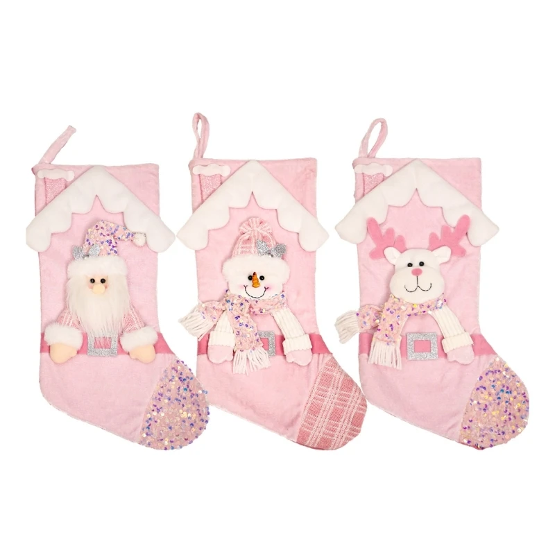 Durable Pink Christmas Sock Feature Lovely Print for Gift Packaging Decors