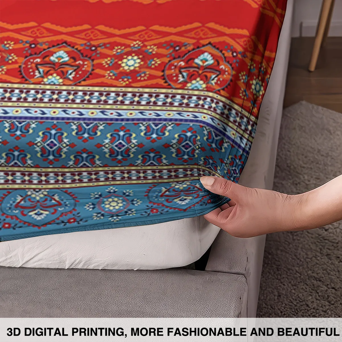 Bohemian Flannel Printed Fitted Sheet 3PCS Set with Pillowcases & Mattress Protector - Full Wrap Dust Cover for Simmons