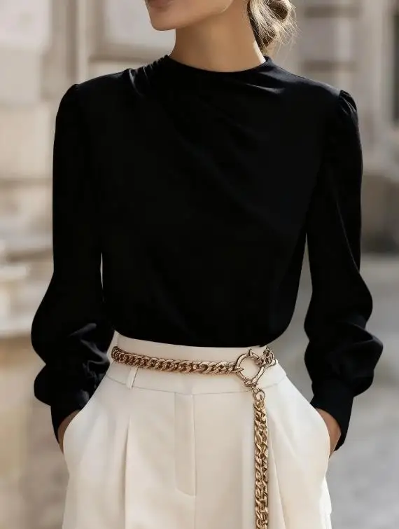 بلوزات نسائية أنيقة مزاجه التنقل الإناث الملابس اليومية بسيطة مطوي عالية الرقبة فانوس كم قميص علوي للنساء #6