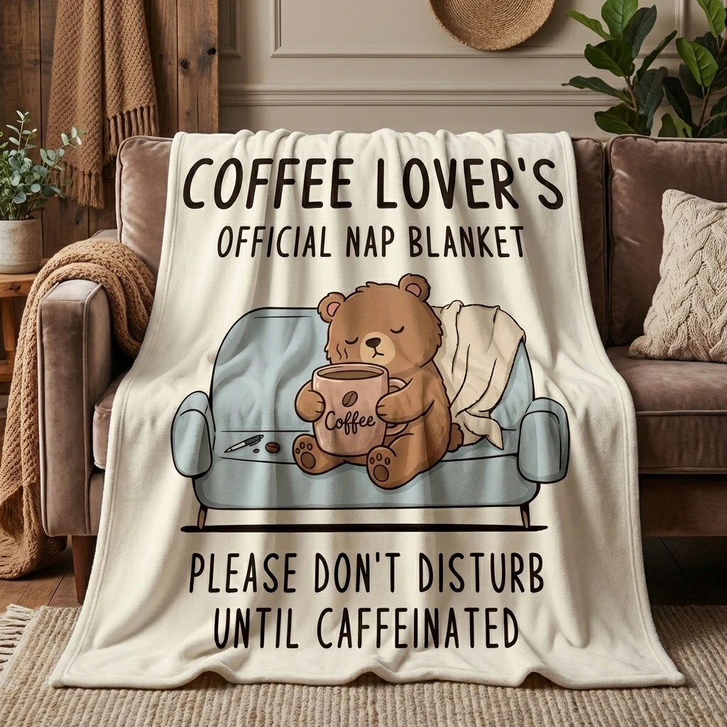 Funny Coffee Lover's Official Nap Blanket Flannel Throw, Cute Bear & Coffee Mug Print for Caffeine Addicts