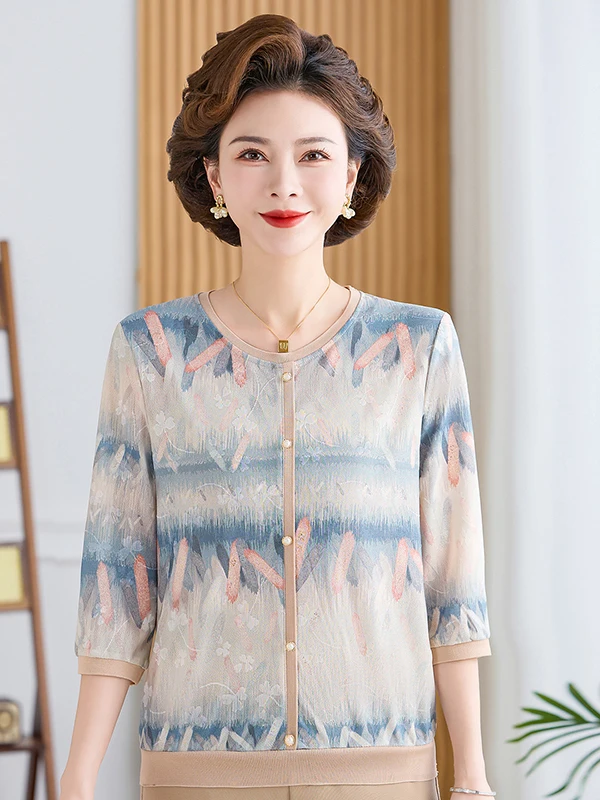 

Casual Ice Silk Elastic Mid-Sleeve round Neck Top for Mommy Middle-Aged Women Comfortable Breathable Lightweight T-Shirt