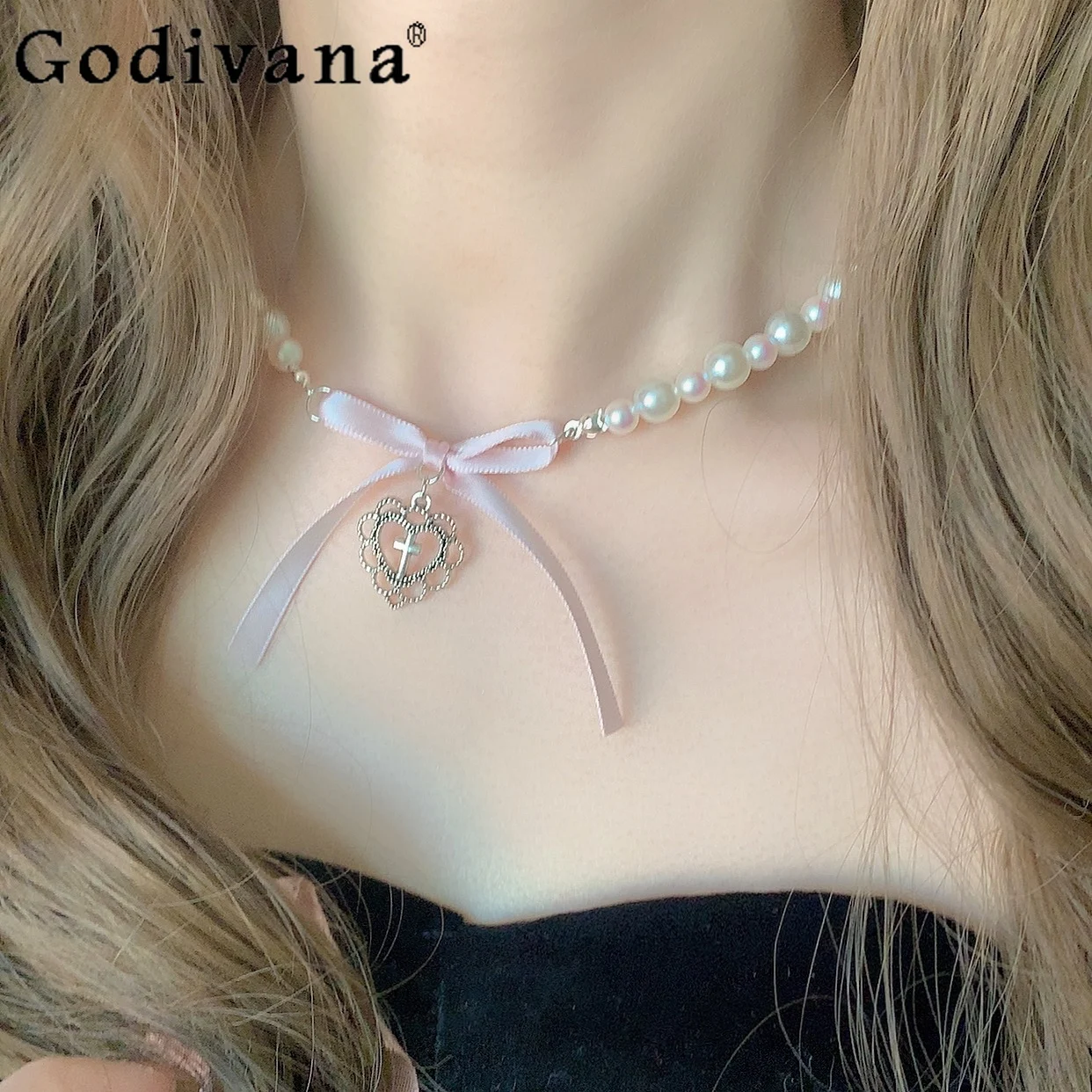 

Girly Sweet Cute Pearl Heart Cross Pendant Bow Necklace Summer New Fashion Japanese Handmade elegant Lolita Clavicle Chain women