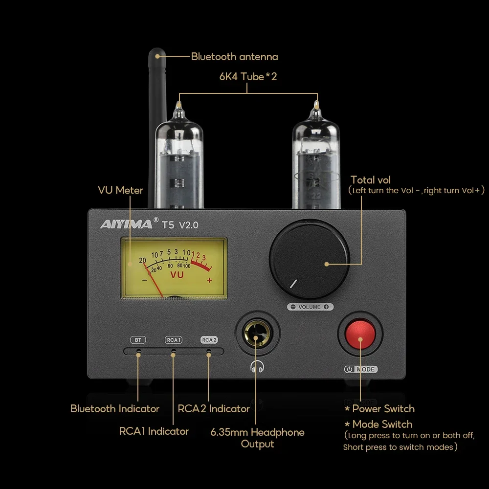 AIYIMA T5 V2.0 HiFi NE5532 Stereo Amplifier Bluetooth Tube Amplifier Class D 2.0 Channel Headphone AMP with VU Meter 160W*2