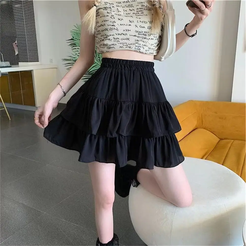 A-line Skirt White Women Pleated Ruffle Sweet Hottie Preppy Style Elastic Elastic Waist Slim Thin Simple Casual Summer Wholesale