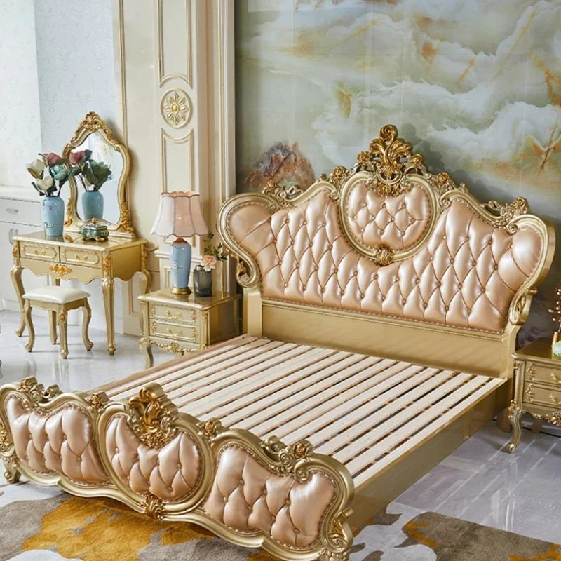 إطار سرير مزدوج مرتفع مقاس كوين تصميم مريح ذهبي فاخر لأثاث غرفة المعيشة