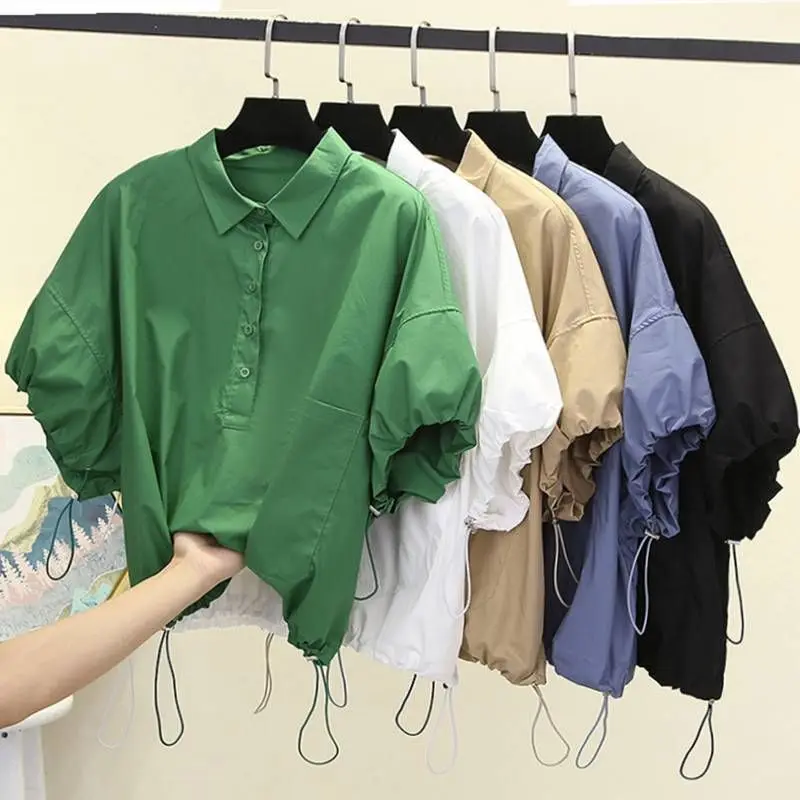 

European Style Women's Summer Shirt New Style Pocket Five Commute Style Short Sleeve Collar Thin Polypropylene Fabric