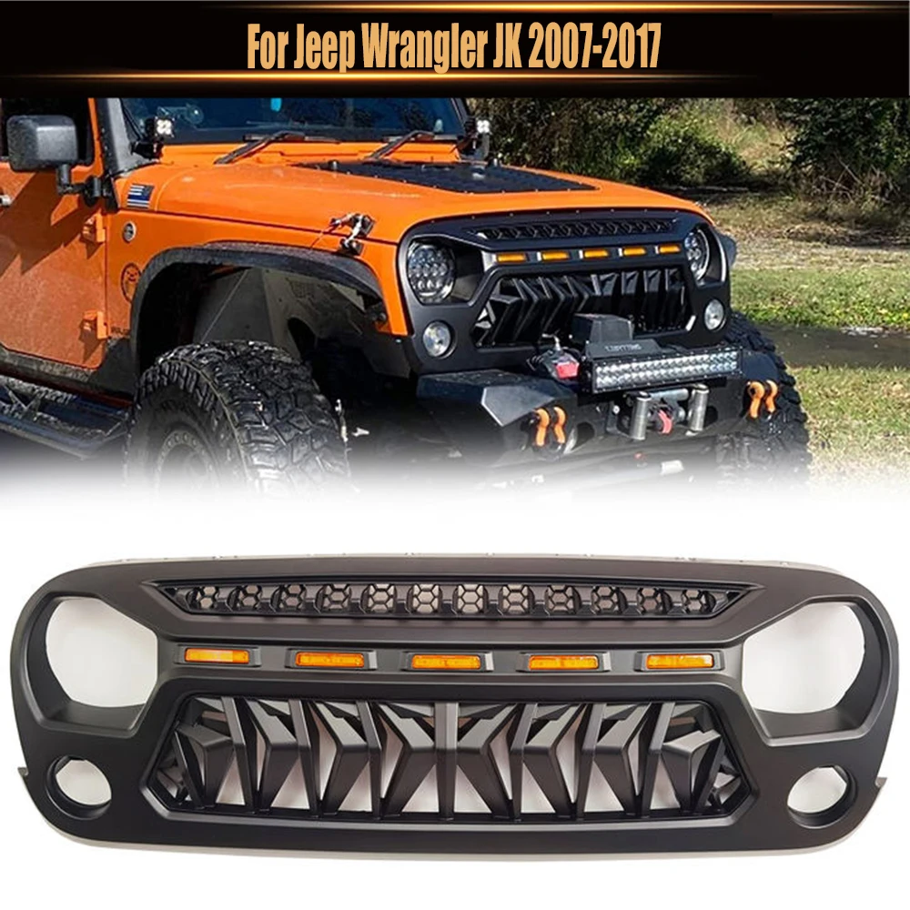 For Jeep Wrangler JK 2007-2017 Replacement Knight Grills Car Racing Grille Bumper Guard Grill With Metal Mesh with 5 LED Lights