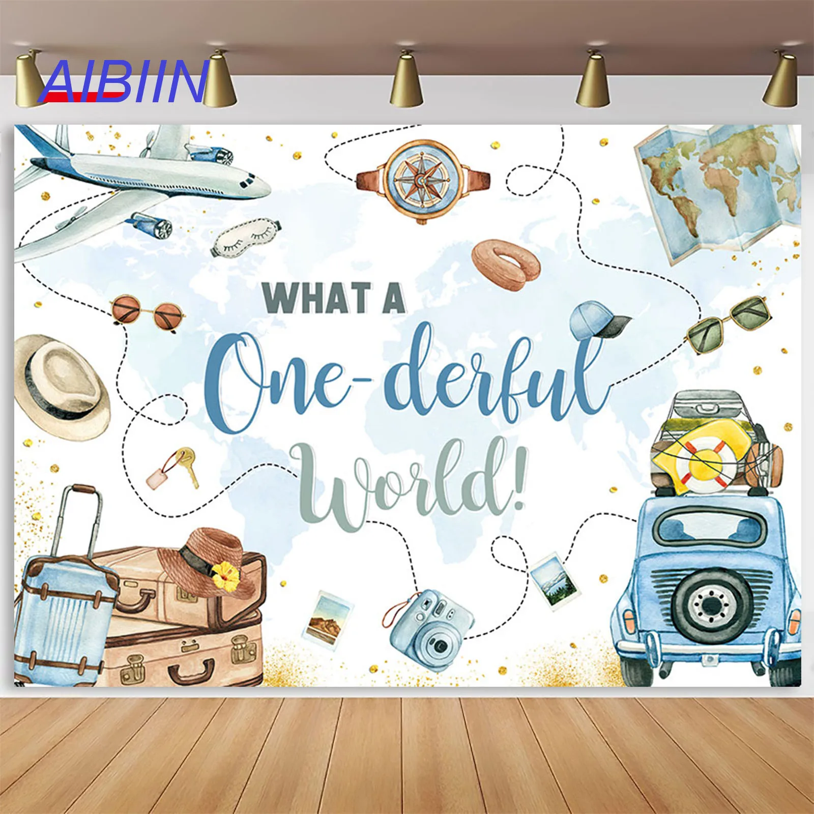 

AIBIIN 1st Birthday Party Backdrop Airplane Bus Map Traffic Travel the World Photography Background Cake Table Party Decor