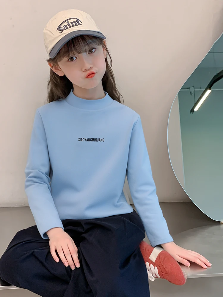 Camiseta de Manga Longa com Forro para Meninas, Roupa Infantil de Algodão Macio, Alta Gola, Ideal para Primavera e Outono