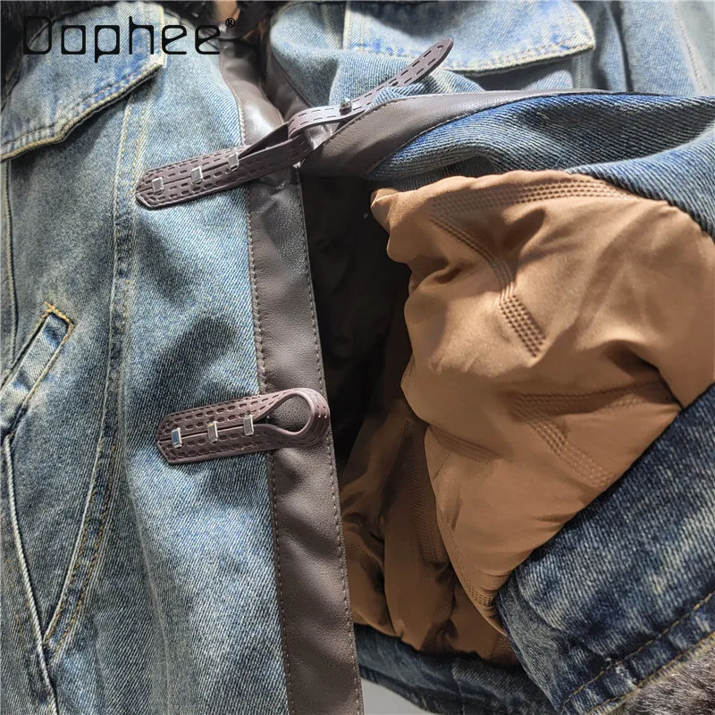 Europäischen Stil Mode Pelz einteiliges Patchwork Denim Parka Frauen High-End-Vintage Plüsch Lange Ärmeln Verdickt Faux Pelz mantel