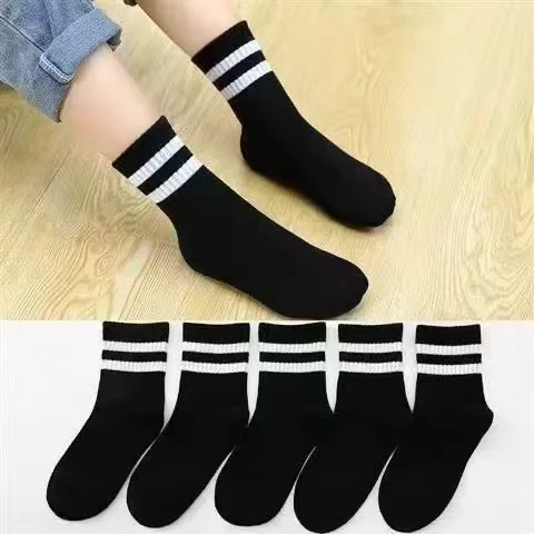 

5pairs-Kids' Spring/Summer Unisex Two-bar Black White Gray Mid Calf Socks Breathable Lightweight Sports Copolymer Sock Bulk
