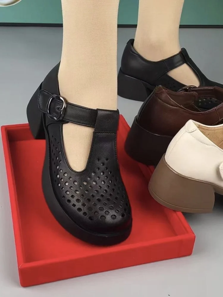 

Весна-лето 2026: Женские сандалии в британском стиле на толстом каблуке из натуральной кожи, удобные, с мягкой подошвой, с вырезами, без застежек