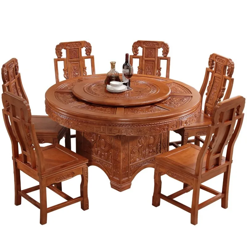

Chinese solid wood dining table, round antique carved round table, modern home