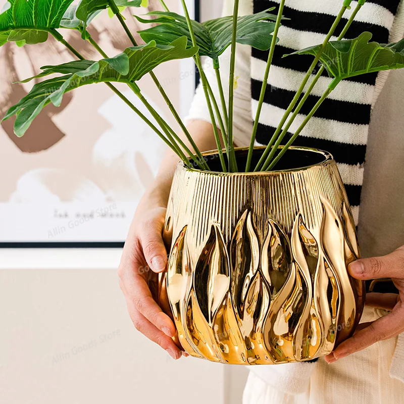 Money Tree Flower Pot Ceramic High-end Large Green Plant Potted Plant Indoor Cross-border Desktop Home Electroplating Ornament