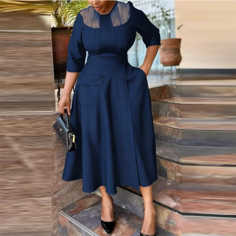 2025年トレンド　Oネック半袖ワンピース　秋　エレガント　メッシュパッチワーク　ハイウエストロングワンピース　カジュアルポケット付き　無地Aラインワンピース