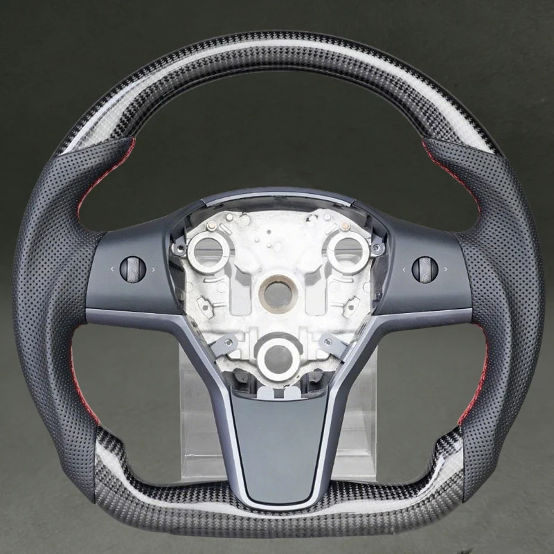 Car Parts for Tesla Model 3 Model Y 2019 2021 Steering Wheel with Red Stitching Carbon Fiber for Model 3 Model Y Flat Bottom view 3