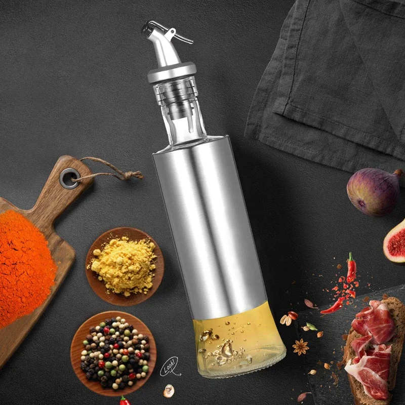 Oil Dispenser Olive Oil Dispenser Glass And Stainless Steel Bottle Vinegar And Oil Cruet With Pourer Drip-Free Spout