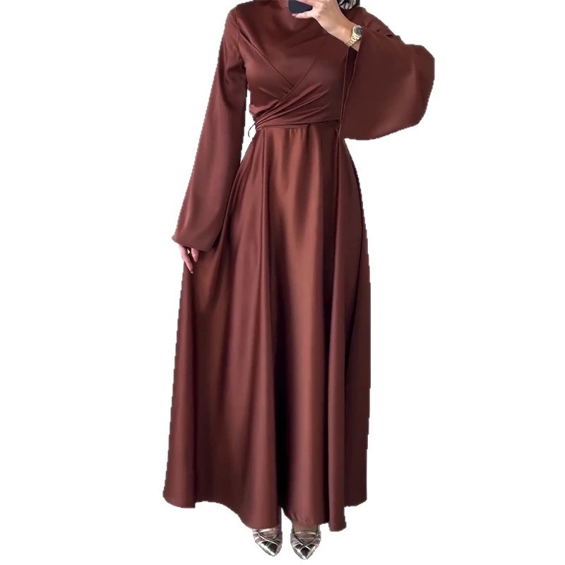 Vrouwen Satijnen Jurk Met Lange Mouwen Slanke Taille Elegante Minimalistische Mode Midi Jurk Casual Avondfeest Outfit Voor Lente Herfst