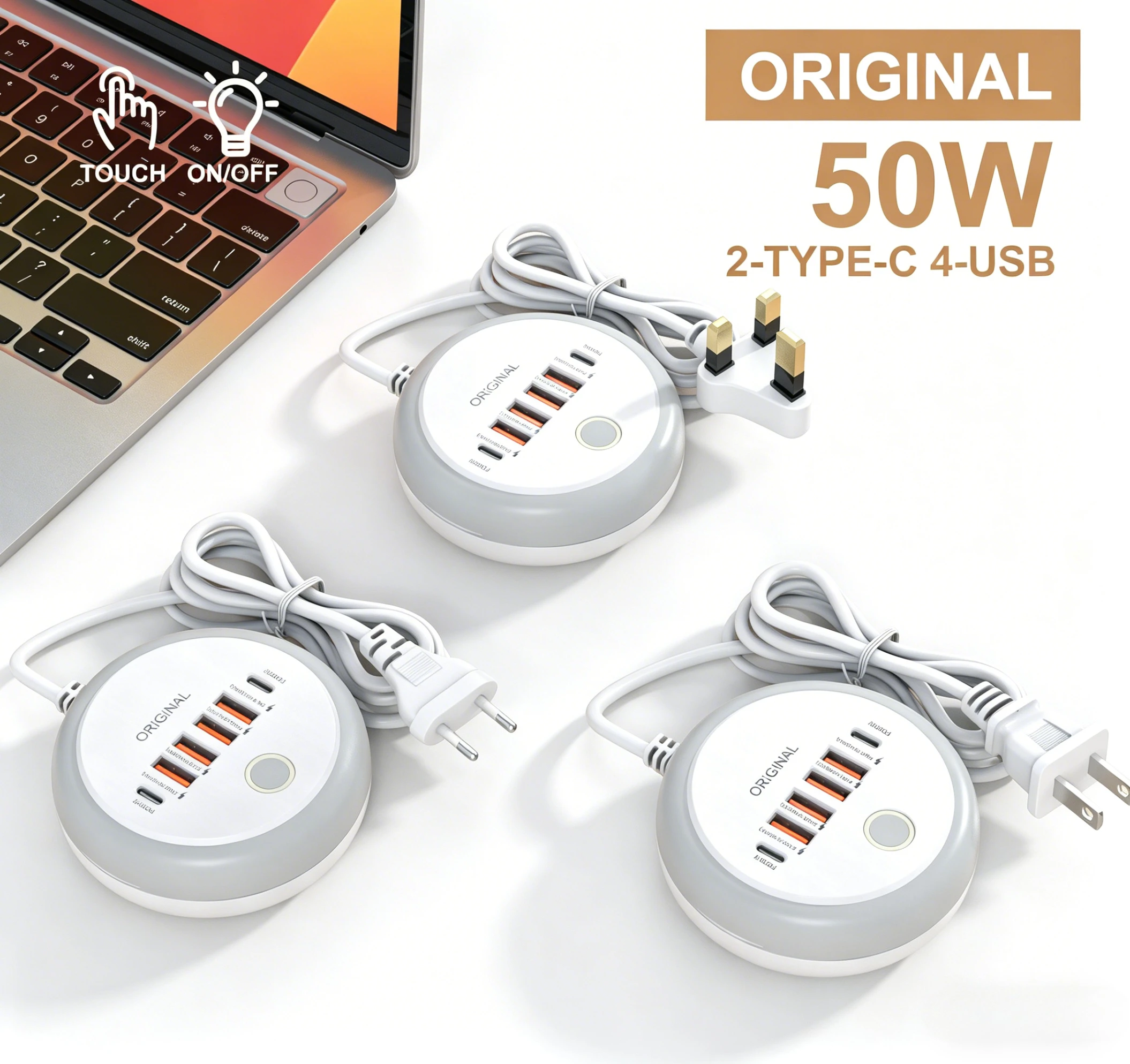 Cargador USB C de 50W con Múltiples Puertos Tipo C, Enchufe Adaptador de Carga Rápida 6 en 1 para iPhone, Xiaomi, Huawei, Samsung