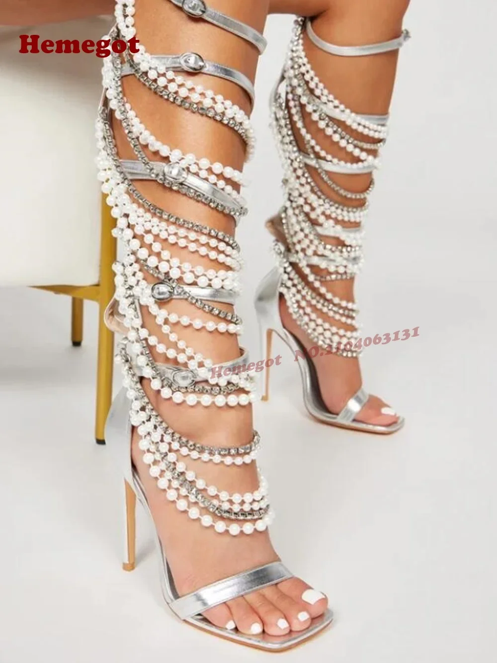 Cut Out Zipper Splicing Women's Sandals Silver Chain Decor Stiletto Heels Sandals Open Toe Glossy Crystals Runway Shoes Buckled